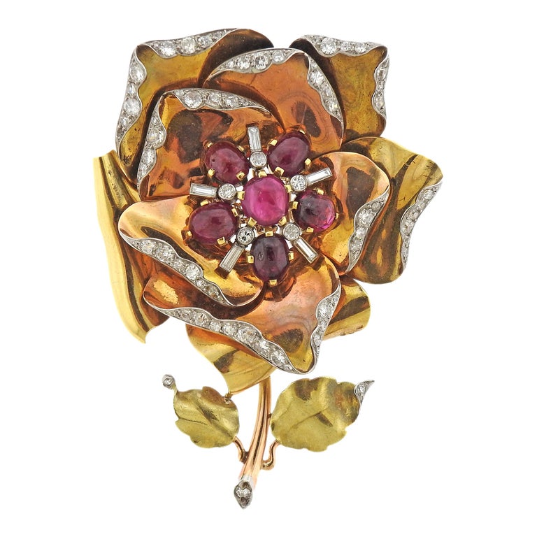 Retro Tri Color Gold Ruby Cabochon Diamond Large Rose Flower Brooch For Sale