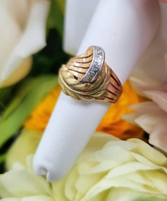 Retro Tri Gold Leaf Ring  Rose Cut Diamonds in 18K Yellow, White & Rose Gold