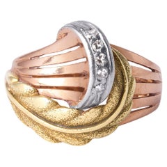 Vintage Tri Gold Leaf Ring  Rose Cut Diamonds in 18K Yellow, White & Rose Gold