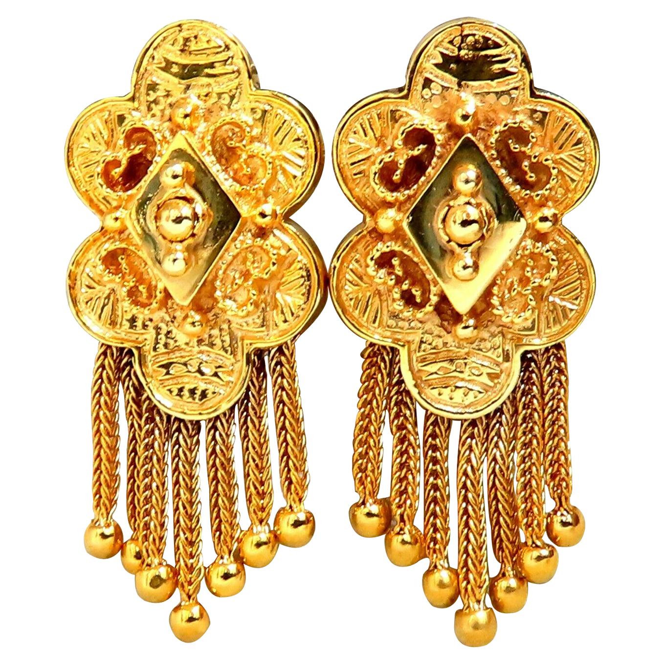 Retro Tribal Elongated Clover Tassel Dangle Earrings 14 Karat*
