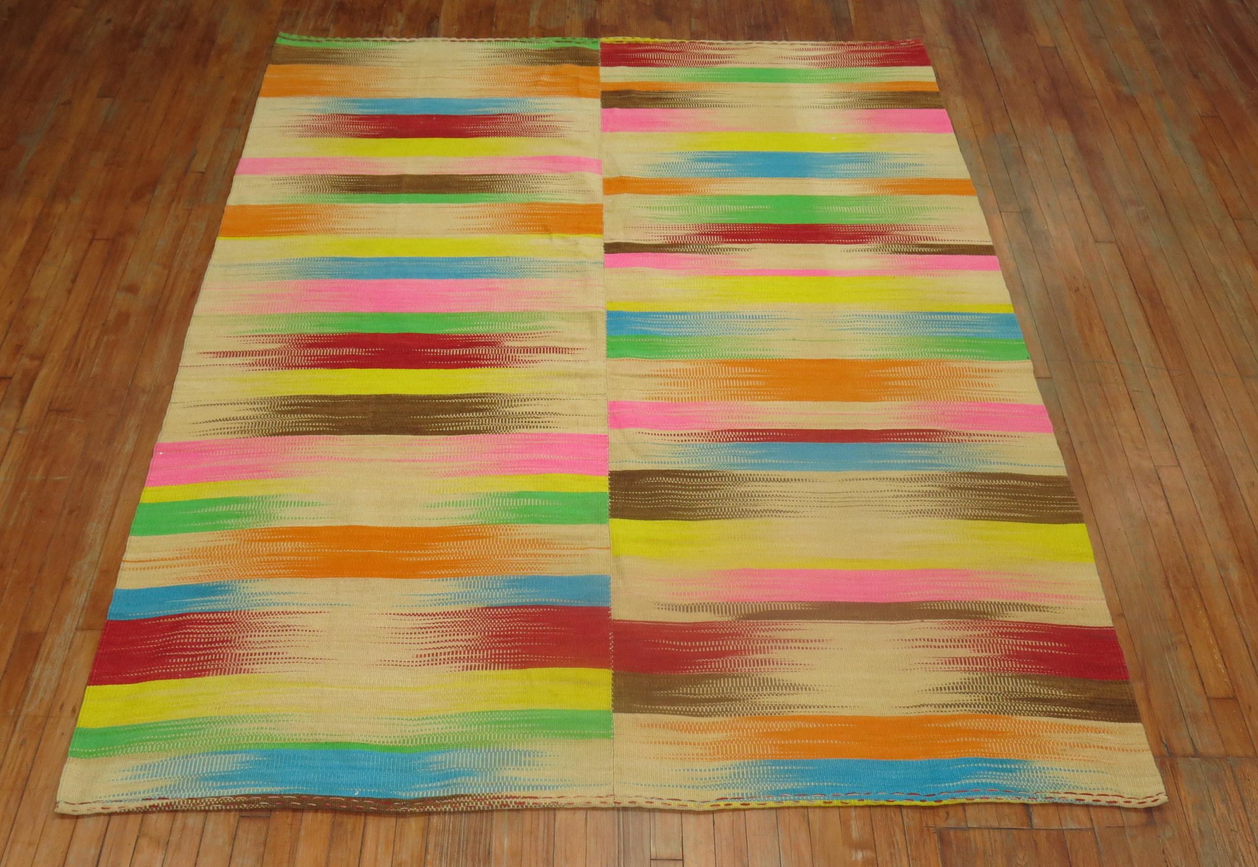 Hand-Knotted Retro Turkish Deco Kilim, Rainbow For Sale