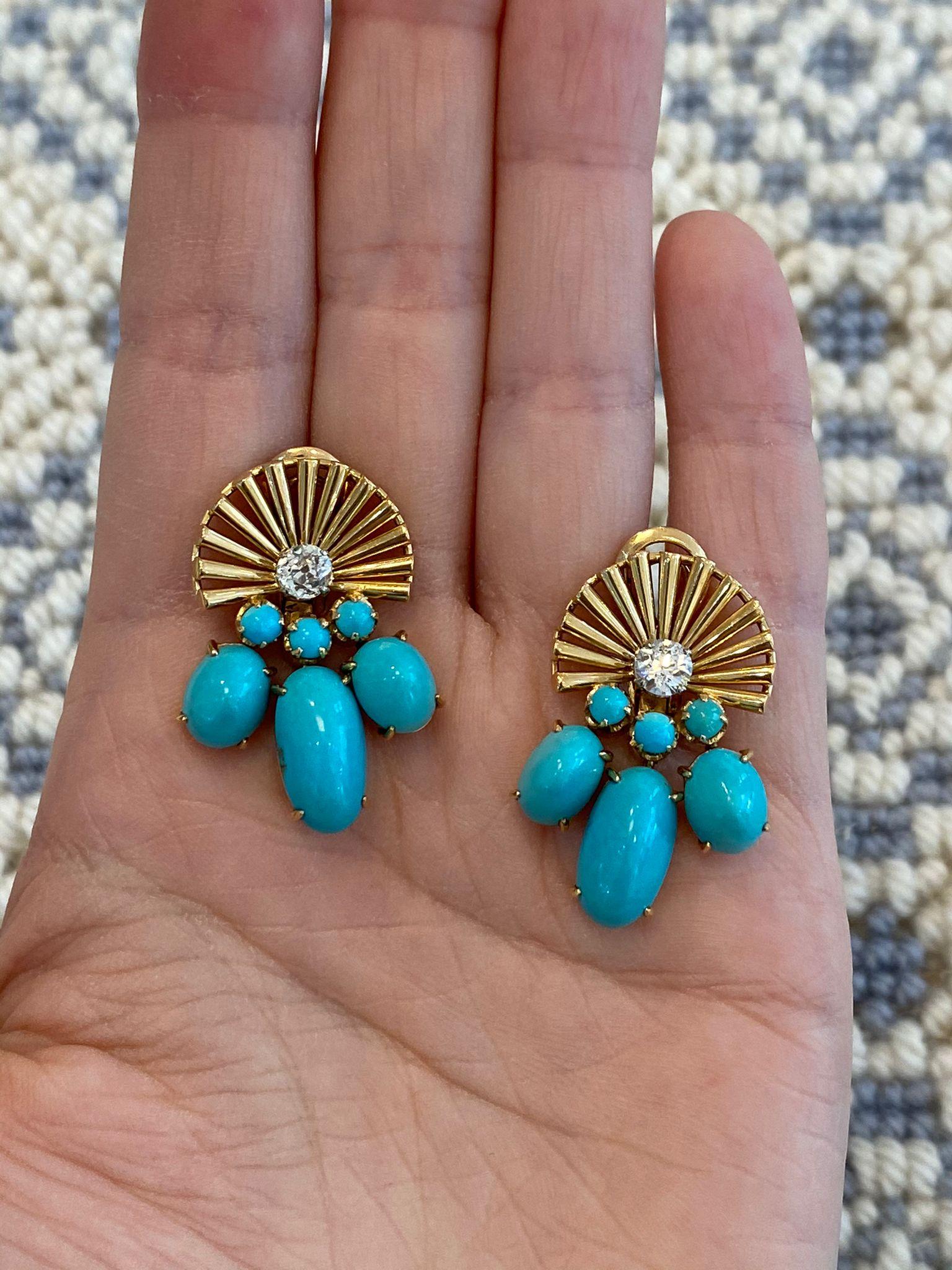 Retro Turquoise and Diamond Ear Clips For Sale at 1stDibs clip on turquoise earrings, vintage