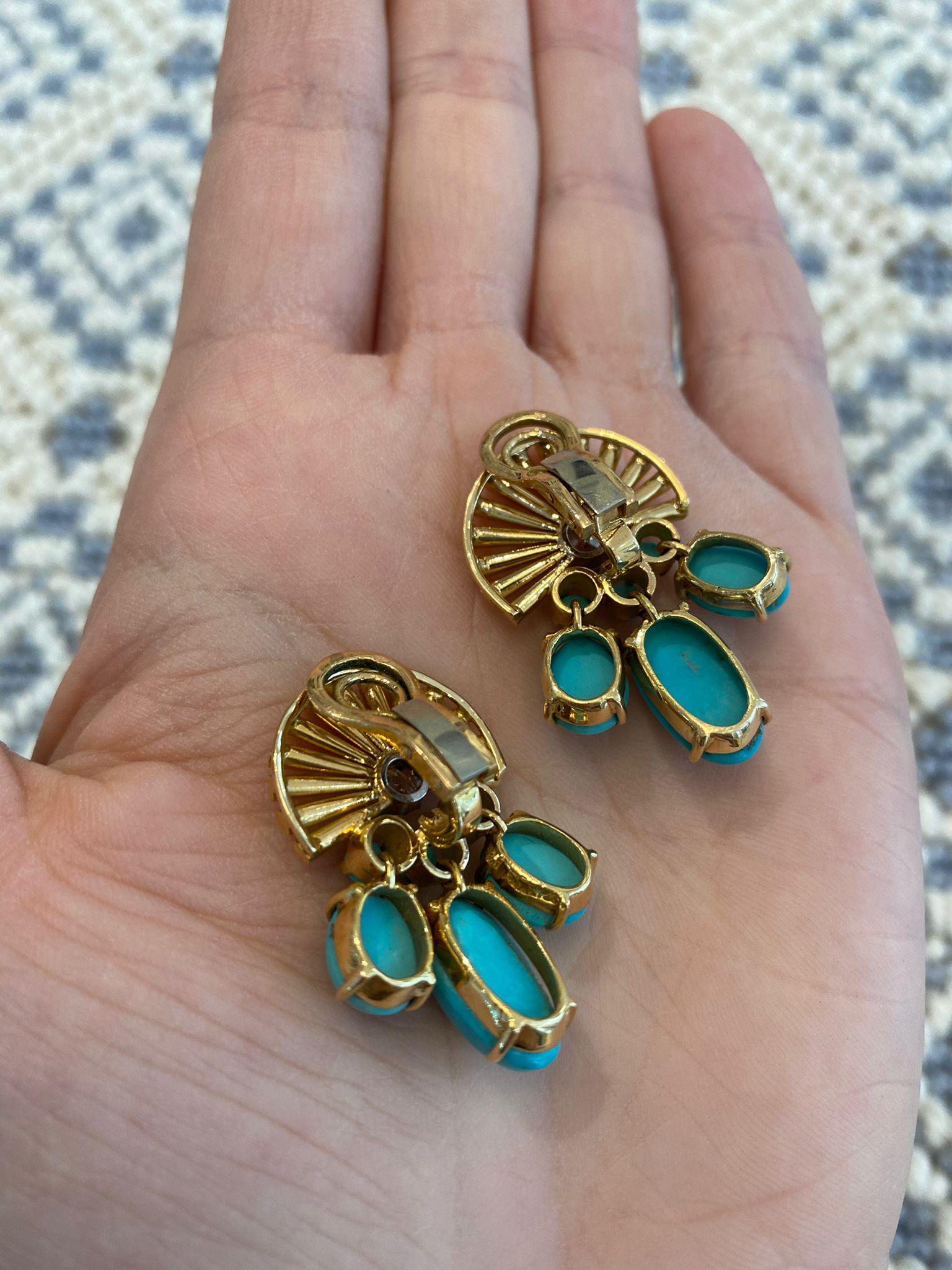 Old Mine Cut Retro Turquoise and Diamond Ear Clips For Sale