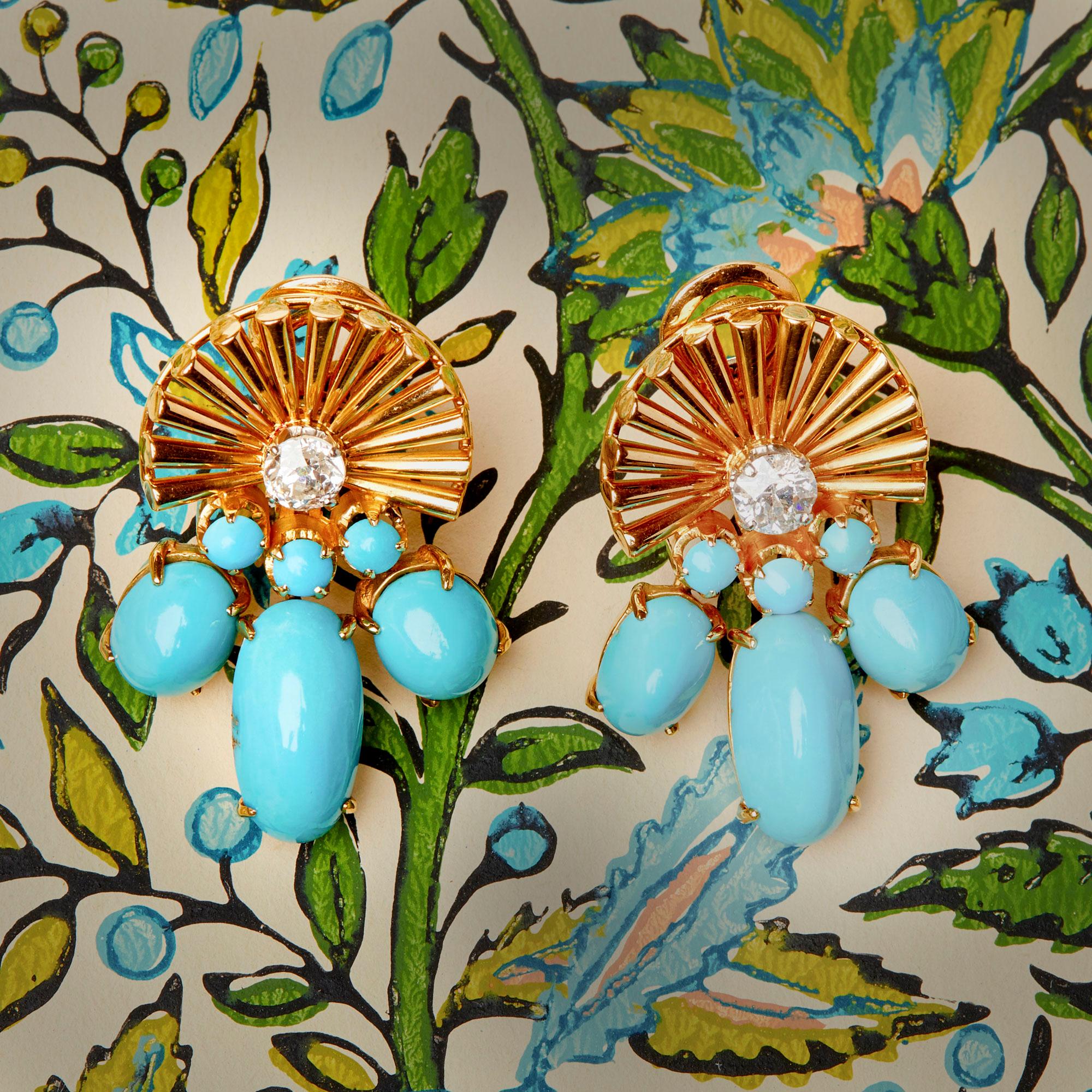 Women's Retro Turquoise and Diamond Ear Clips For Sale