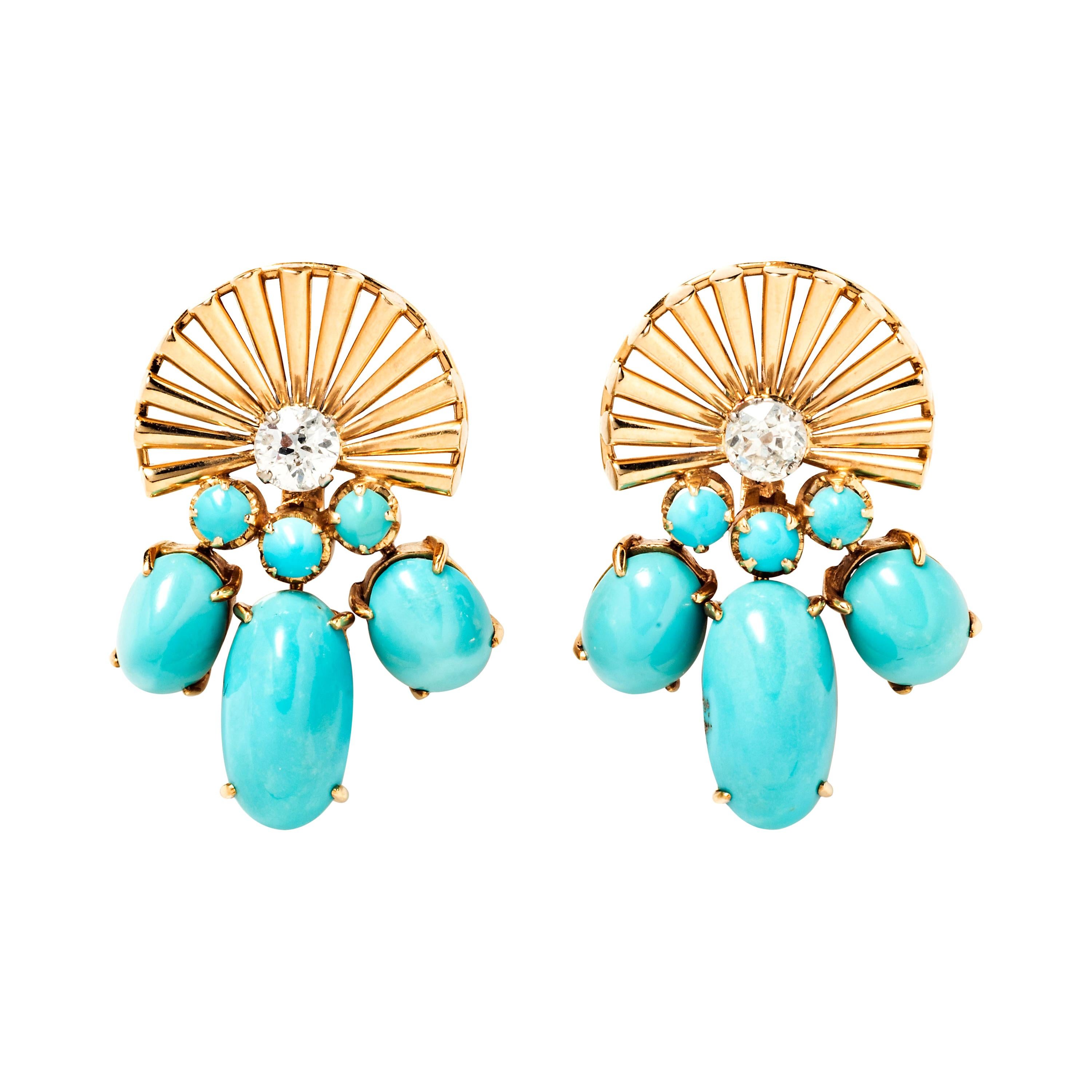 Retro Turquoise and Diamond Ear Clips For Sale at 1stDibs clip on turquoise earrings, vintage