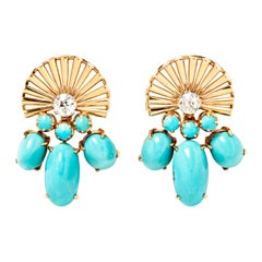 Clips d'oreilles rétro en turquoise et diamants