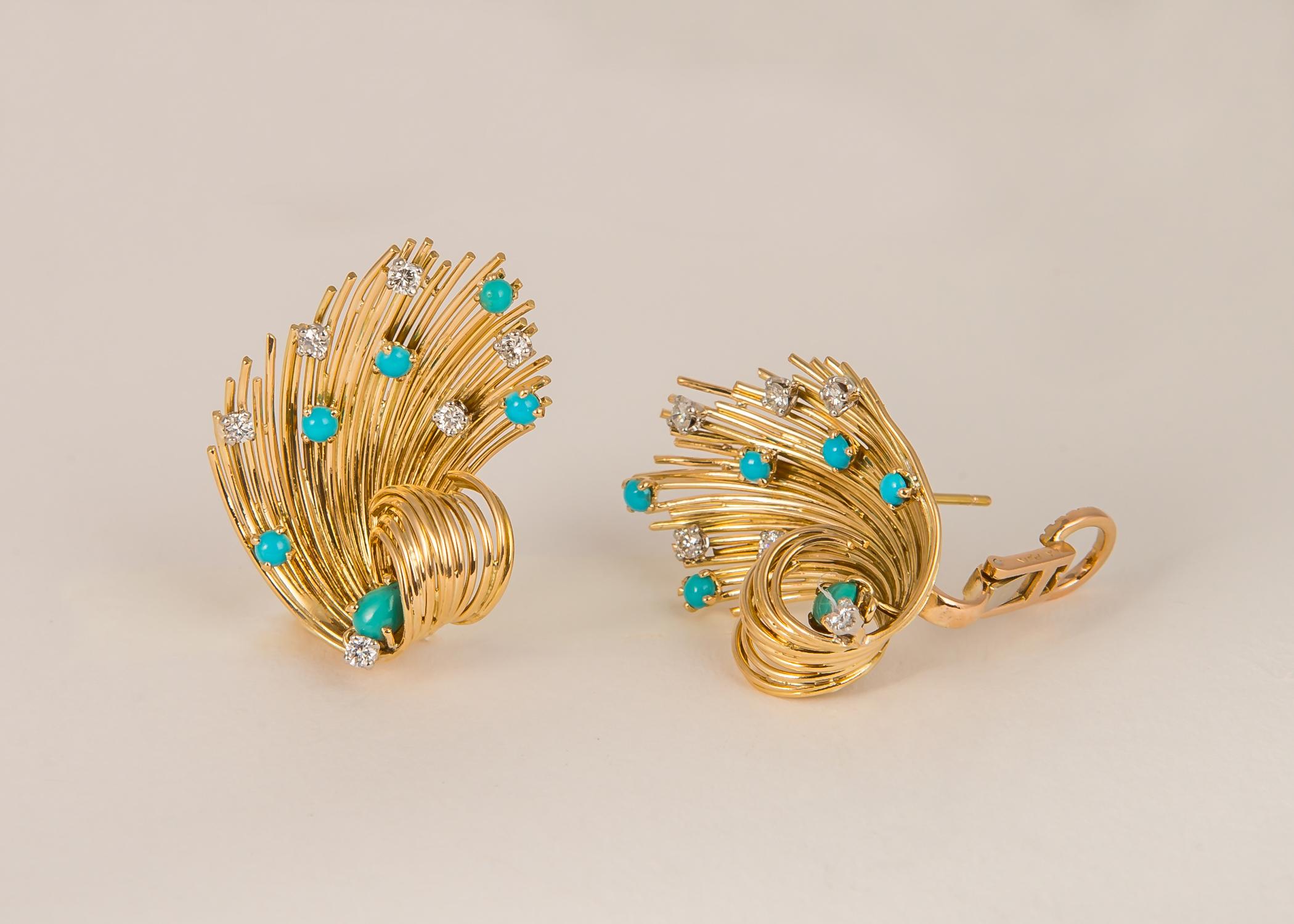 Glamour and elegance. Handmade in France with threads of 18k gold accented with turquoise and diamonds. 1 1/8 inches in length. A truly flattering shape. 