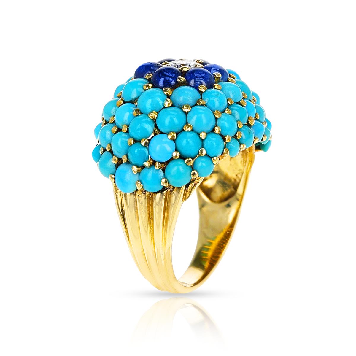 Retro Türkis- und Saphir-Cabochon-Ring mit Diamanten, 18k im Zustand „Hervorragend“ im Angebot in New York, NY
