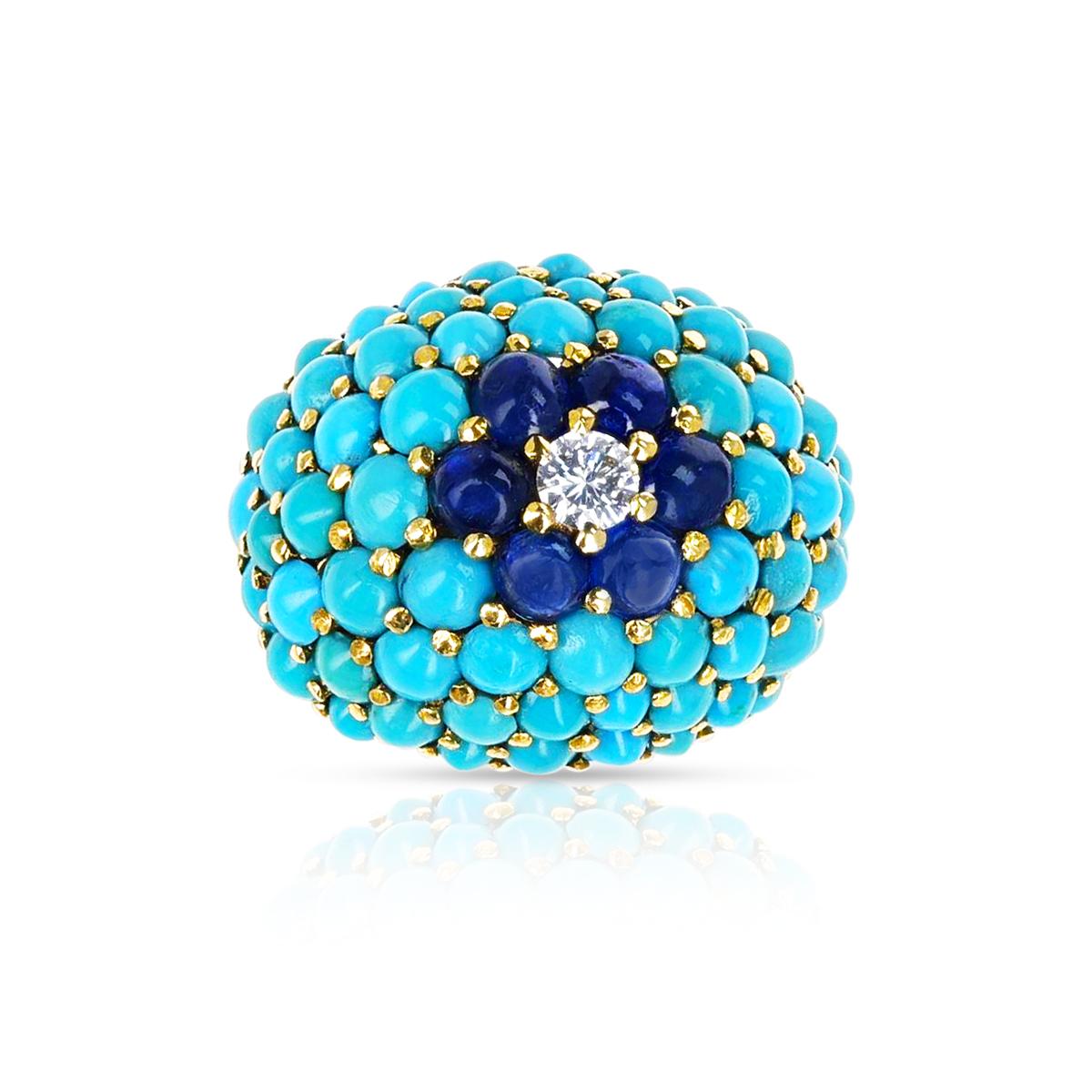 Retro Türkis- und Saphir-Cabochon-Ring mit Diamanten, 18k für Damen oder Herren im Angebot