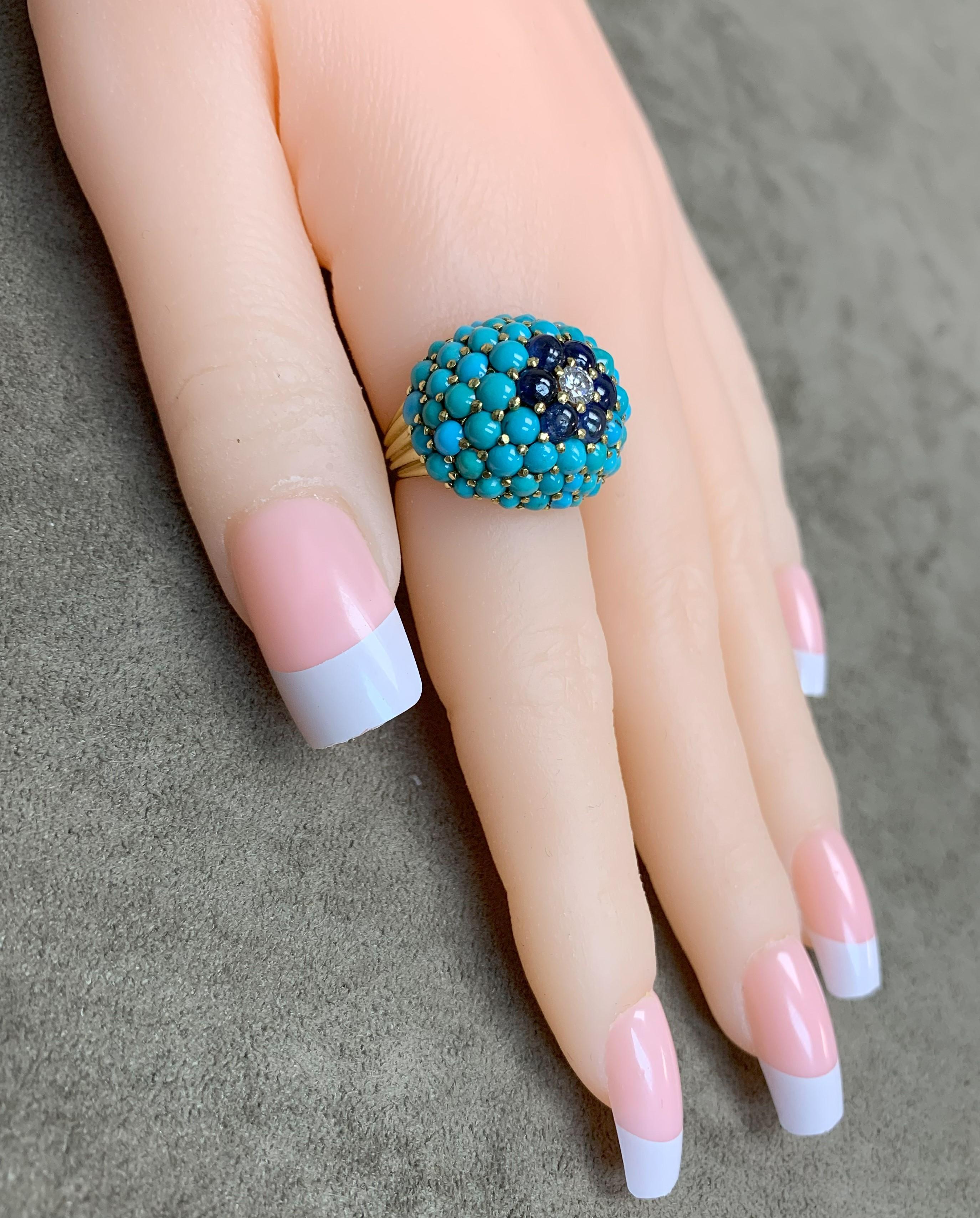 Retro Turquoise and Sapphire Cabochon Ring with Diamonds, 18k In Excellent Condition For Sale In New York, NY