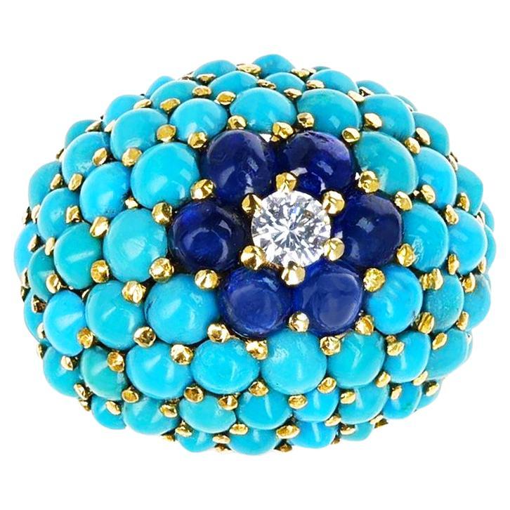 Bague rétro turquoise et saphir cabochon avec diamants, 18 carats