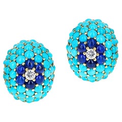 Retro Turquoise and Sapphire Cabochon Ring with Diamonds, 18k