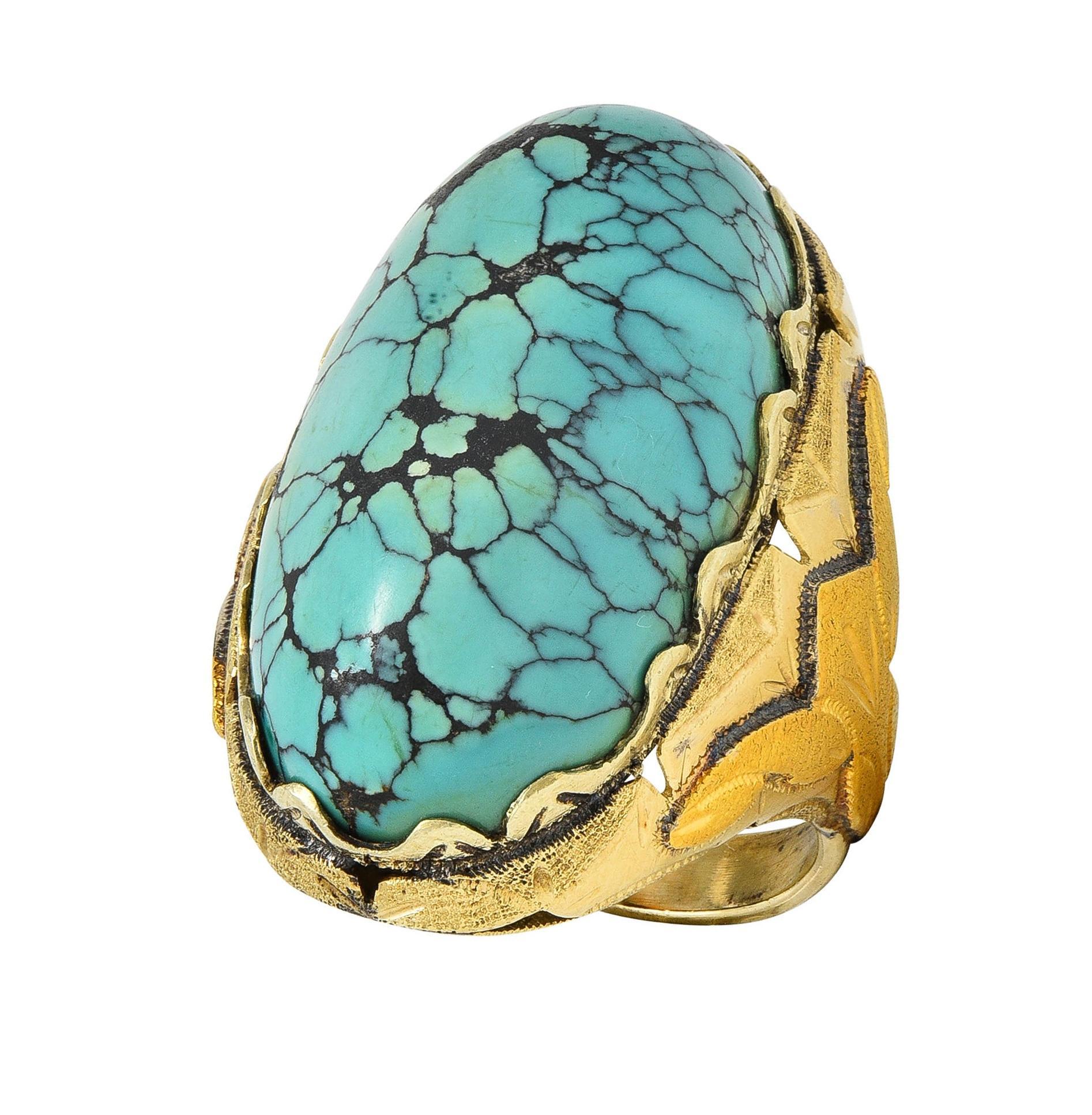 Retro Turquoise Cabochon 14 Karat Yellow Gold Vintage Statement Ring For Sale 6