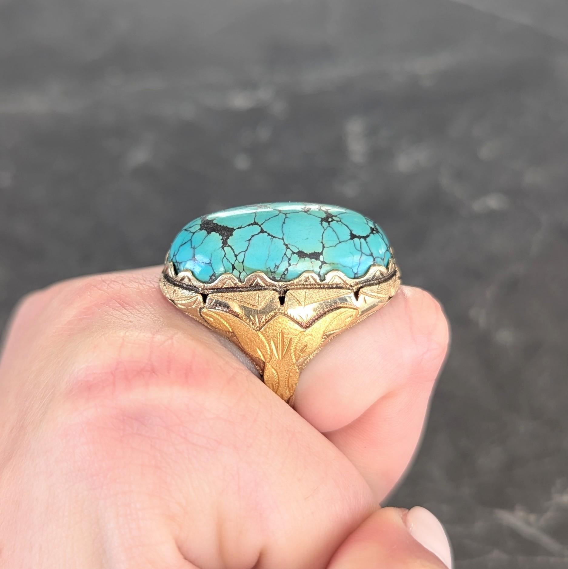 Retro Turquoise Cabochon 14 Karat Yellow Gold Vintage Statement Ring For Sale 7