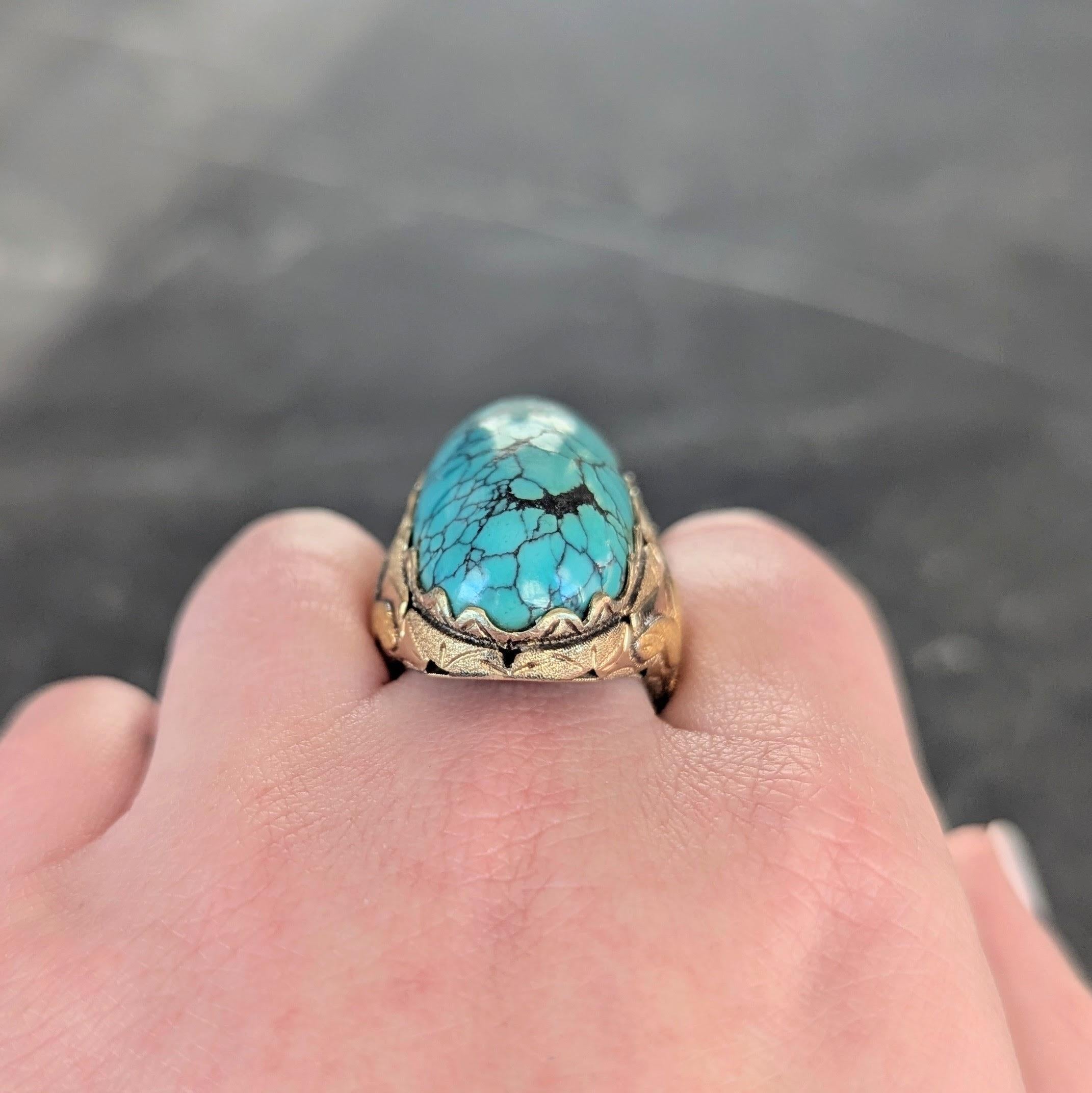 Retro Turquoise Cabochon 14 Karat Yellow Gold Vintage Statement Ring For Sale 8