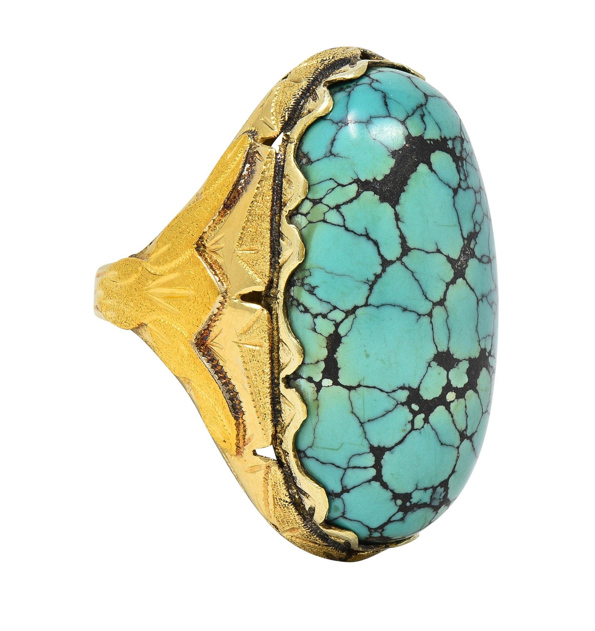 Retro Turquoise Cabochon 14 Karat Yellow Gold Vintage Statement Ring In Excellent Condition For Sale In Philadelphia, PA