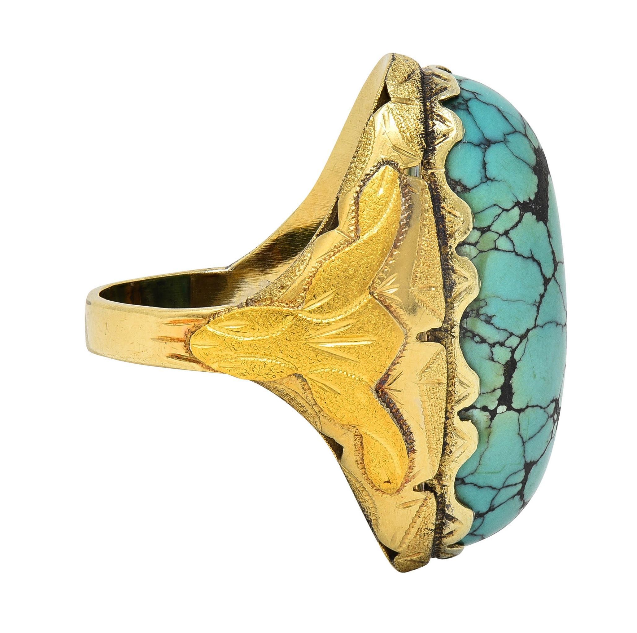 Women's or Men's Retro Turquoise Cabochon 14 Karat Yellow Gold Vintage Statement Ring For Sale