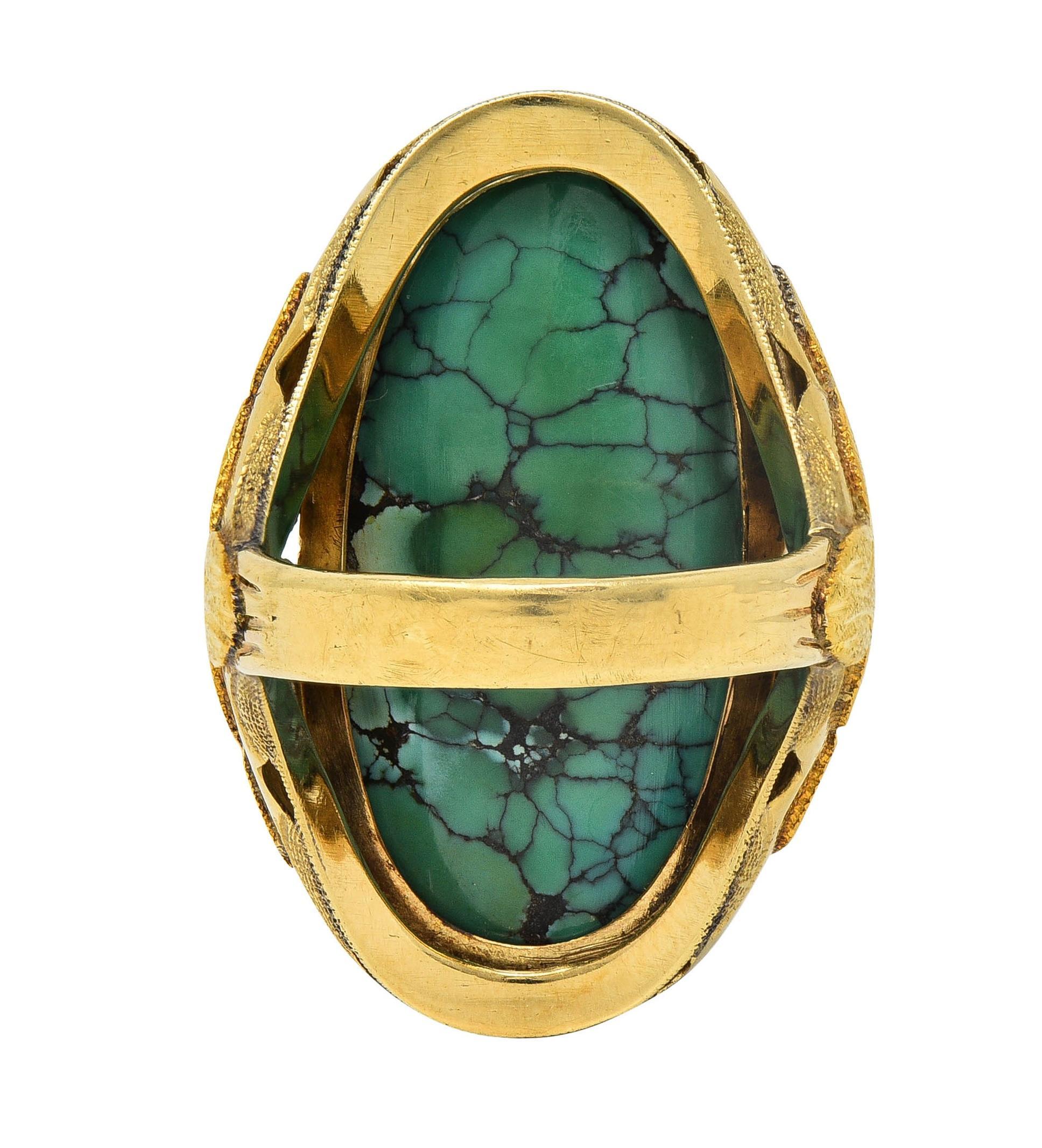 Retro Turquoise Cabochon 14 Karat Yellow Gold Vintage Statement Ring For Sale 1