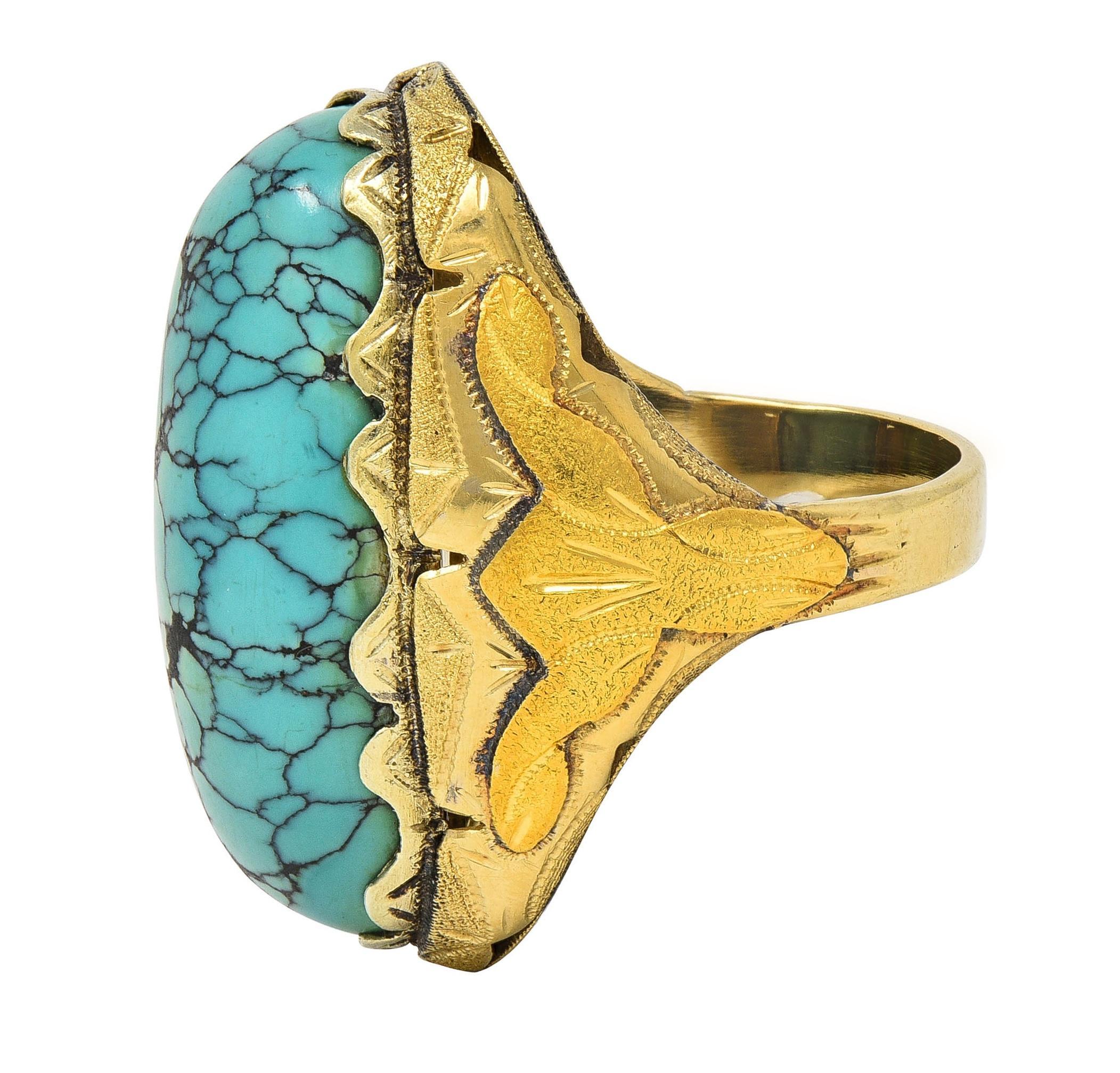 Retro Turquoise Cabochon 14 Karat Yellow Gold Vintage Statement Ring For Sale 2