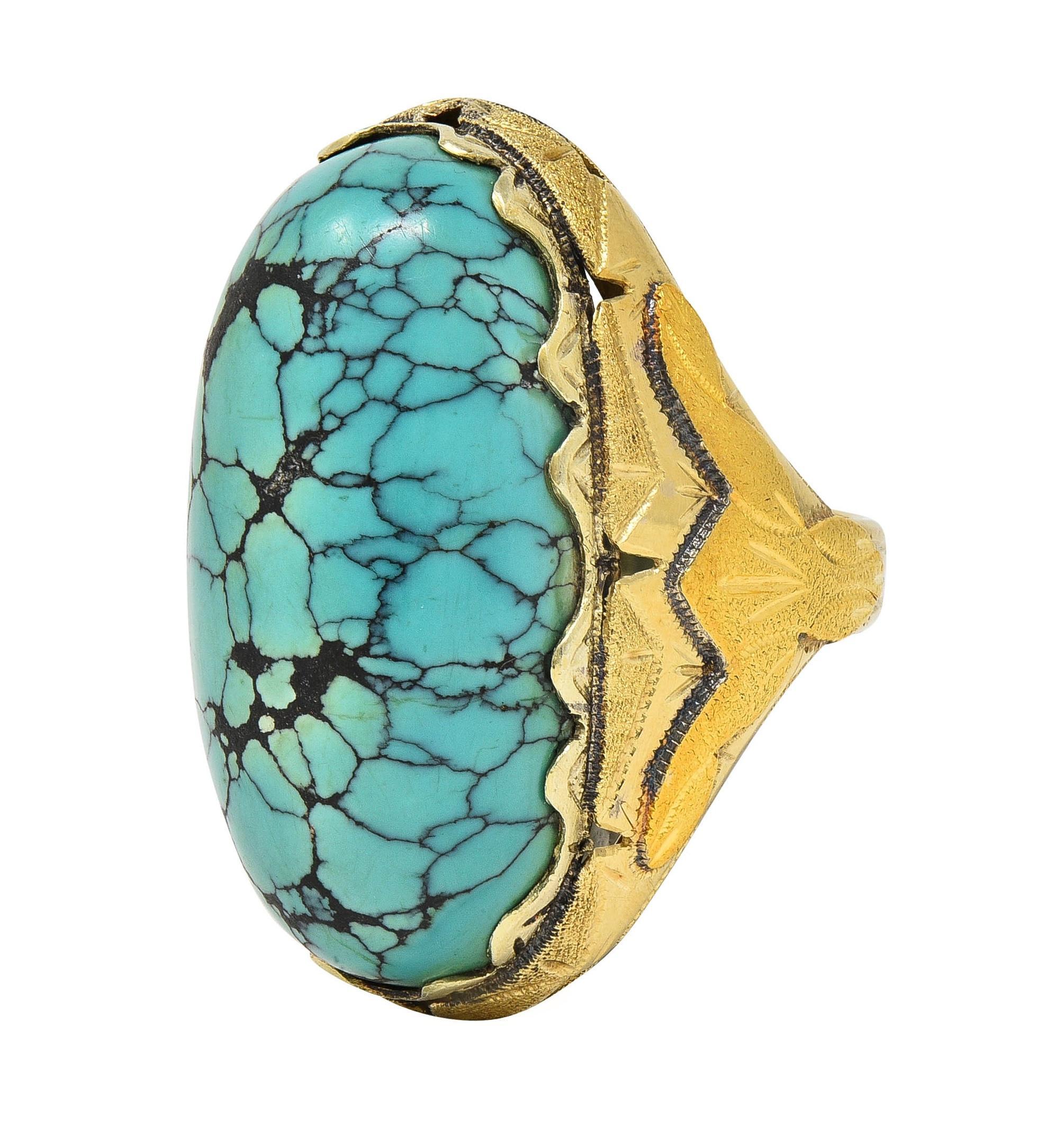 Retro Turquoise Cabochon 14 Karat Yellow Gold Vintage Statement Ring For Sale 3