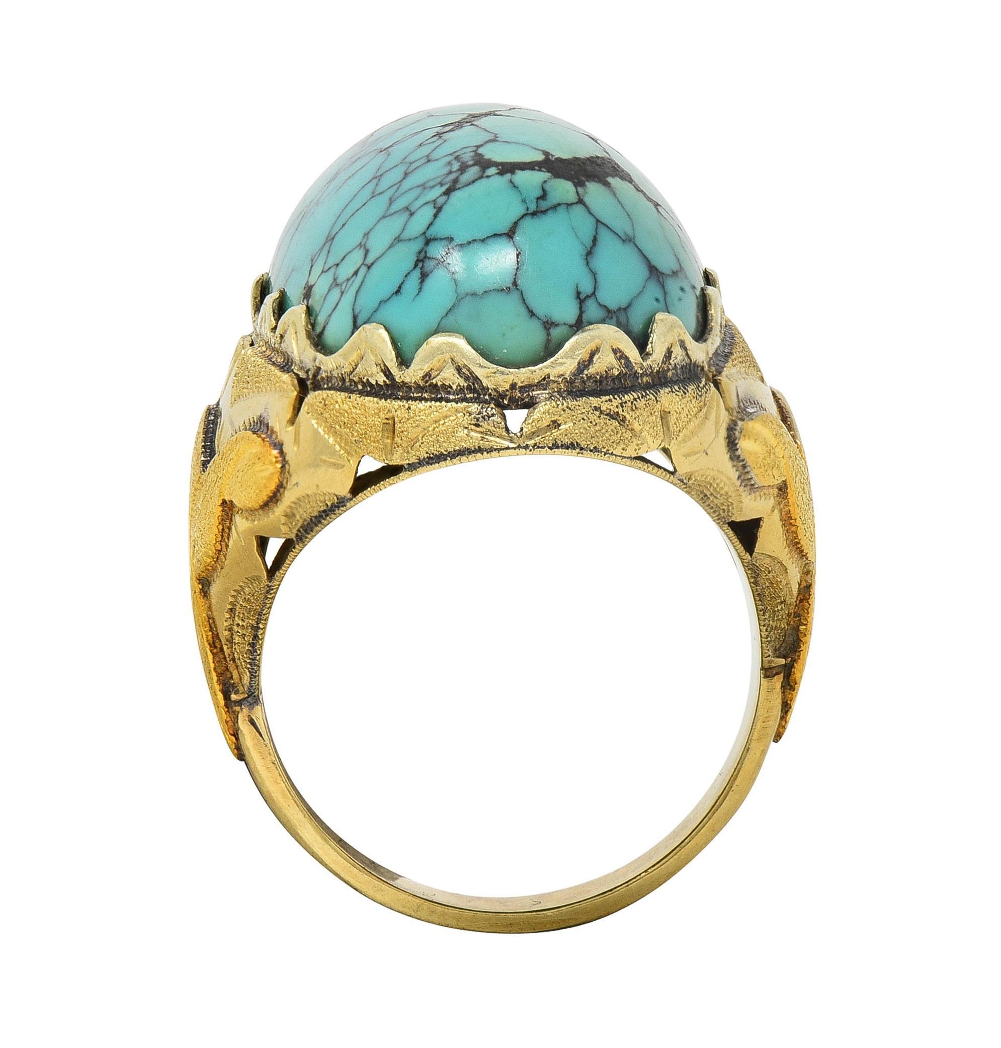 Retro Turquoise Cabochon 14 Karat Yellow Gold Vintage Statement Ring For Sale 4