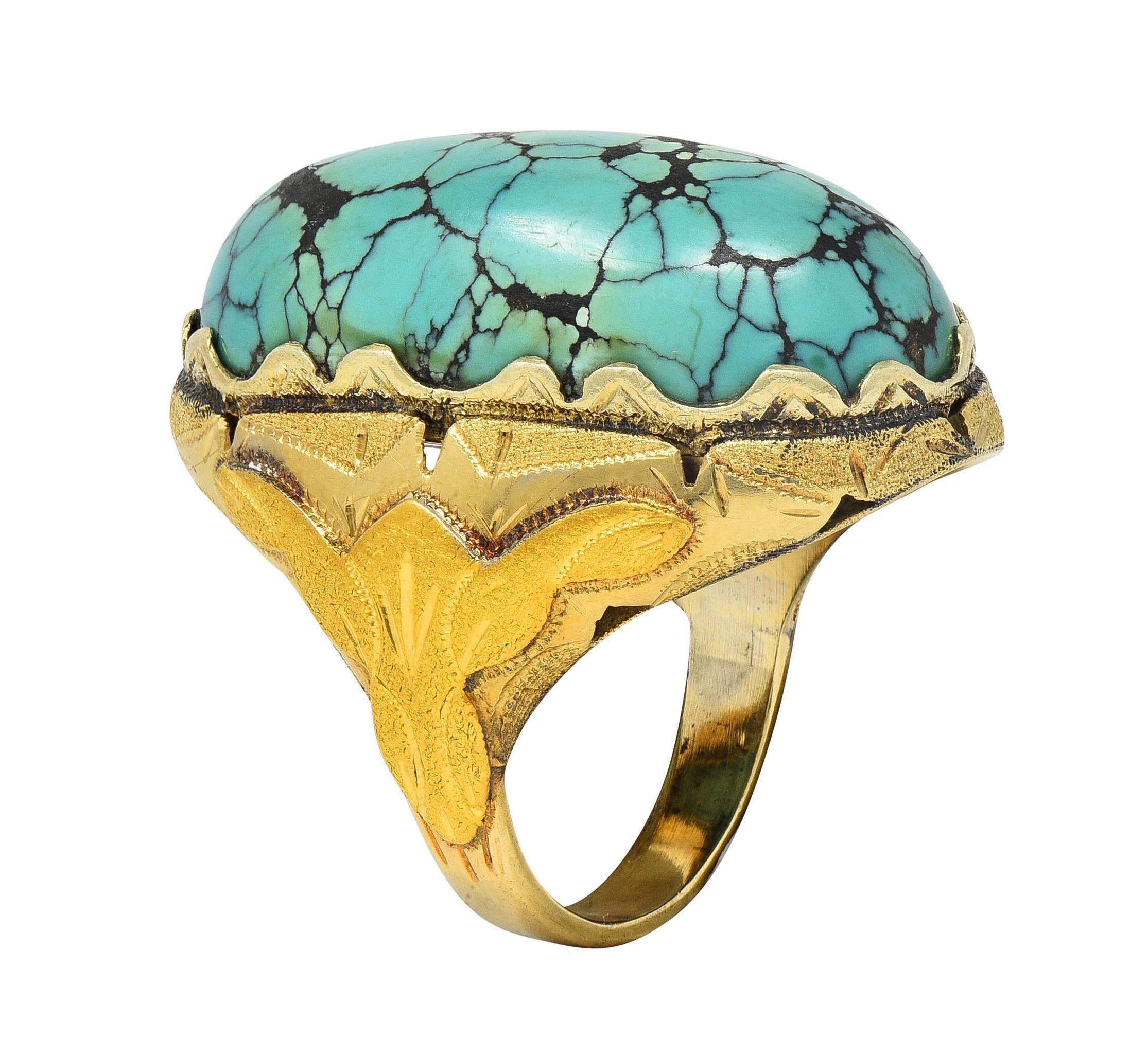 Retro Turquoise Cabochon 14 Karat Yellow Gold Vintage Statement Ring For Sale 5