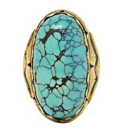 Anello Vintage con cabochon di turchese retrò in oro giallo 14 carati