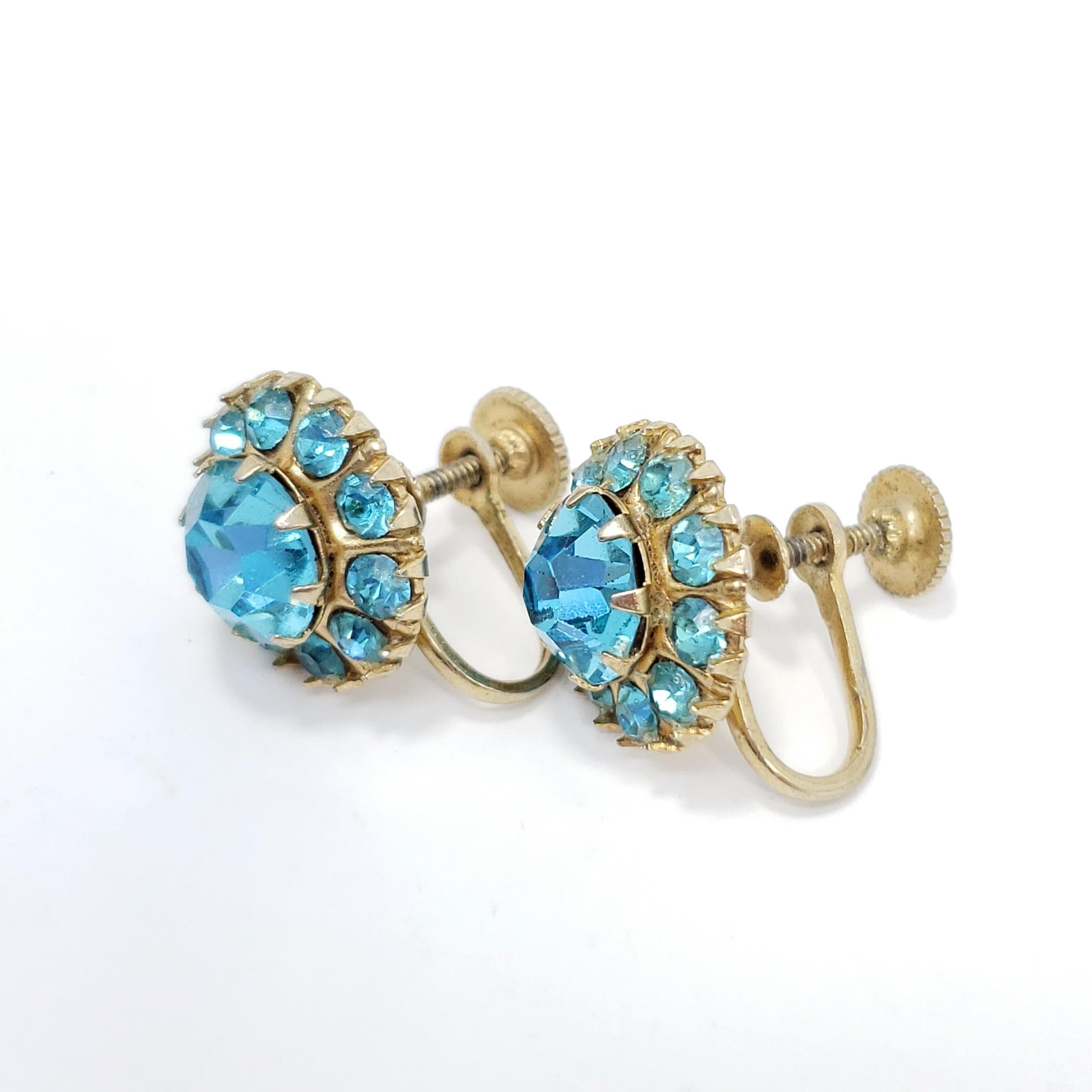 Retro Turquoise Crystal Gold Earrings, Mid 1900s In Excellent Condition For Sale In Milford, DE
