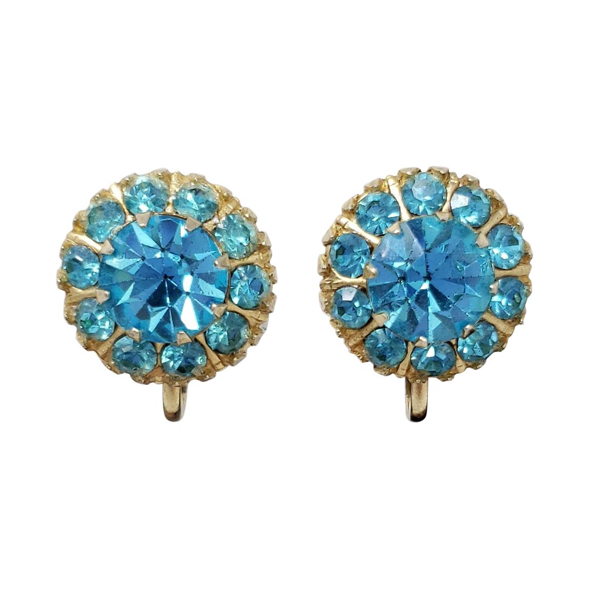 Retro Turquoise Crystal Gold Earrings, Mid 1900s For Sale