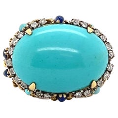 Retro Turquoise Diamond Lapis 18k Gold Statement Ring