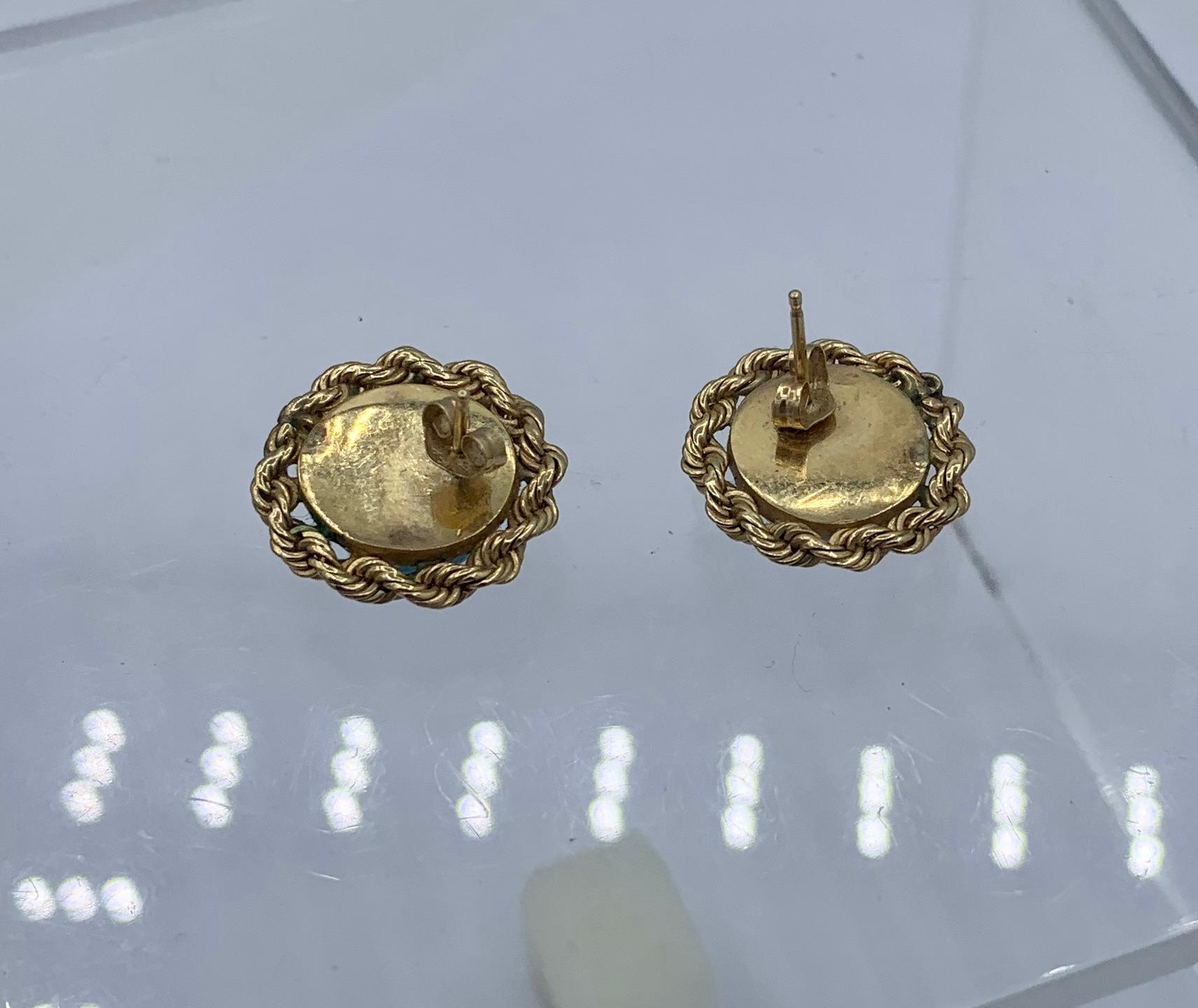 Retro Turquoise Earrings 14 Karat Gold Braided Border Mid-Century For Sale 4
