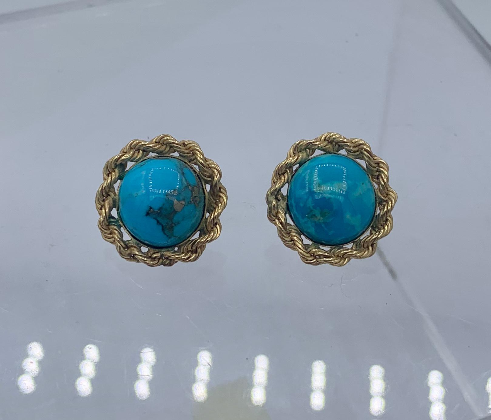 Cabochon Retro Turquoise Earrings 14 Karat Gold Braided Border Mid-Century For Sale