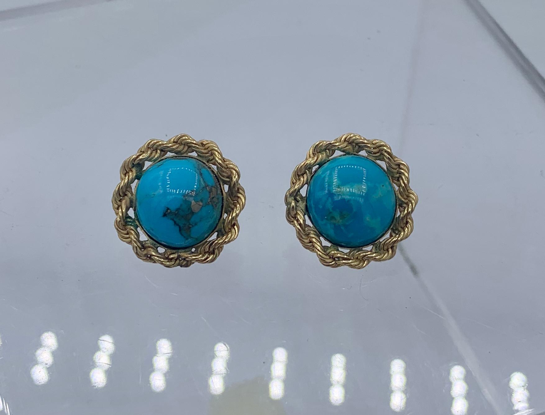 Retro Turquoise Earrings 14 Karat Gold Braided Border Mid-Century In Excellent Condition For Sale In New York, NY