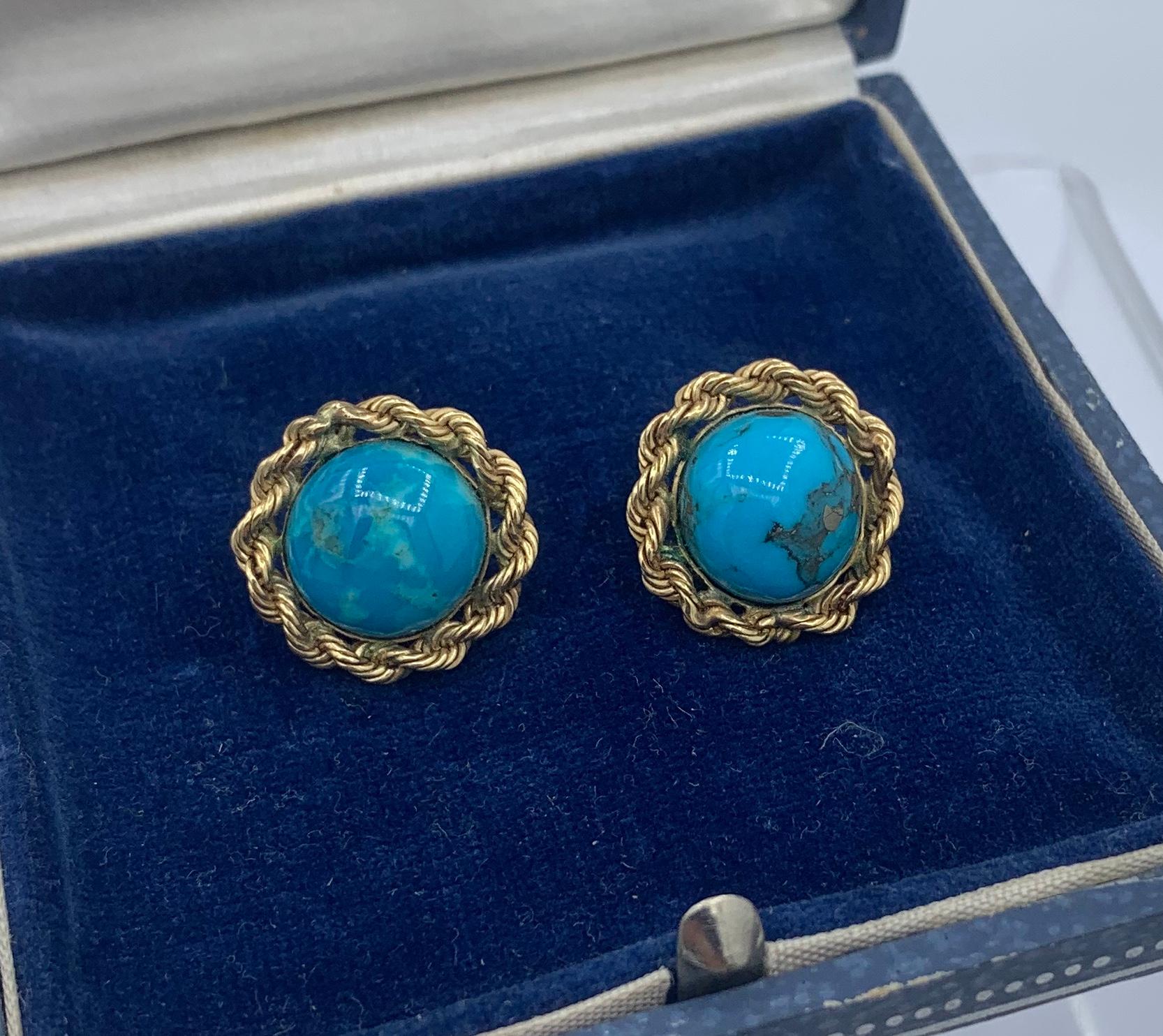 Women's Retro Turquoise Earrings 14 Karat Gold Braided Border Mid-Century For Sale