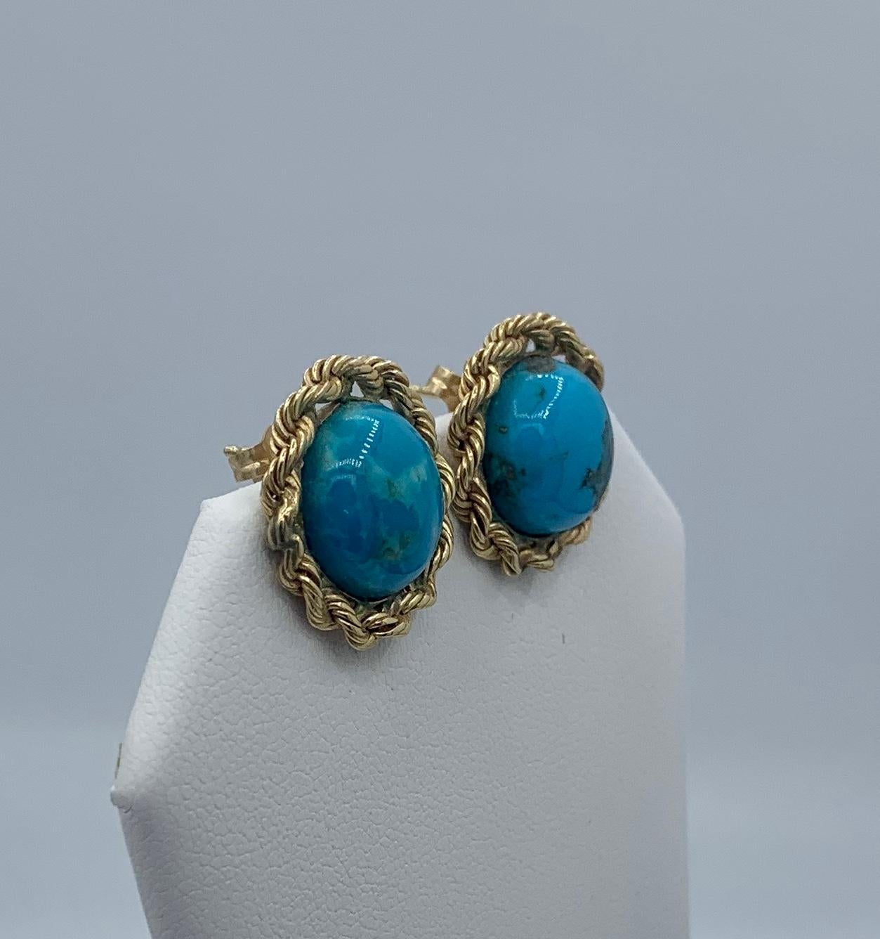 Retro Turquoise Earrings 14 Karat Gold Braided Border Mid-Century For Sale 1
