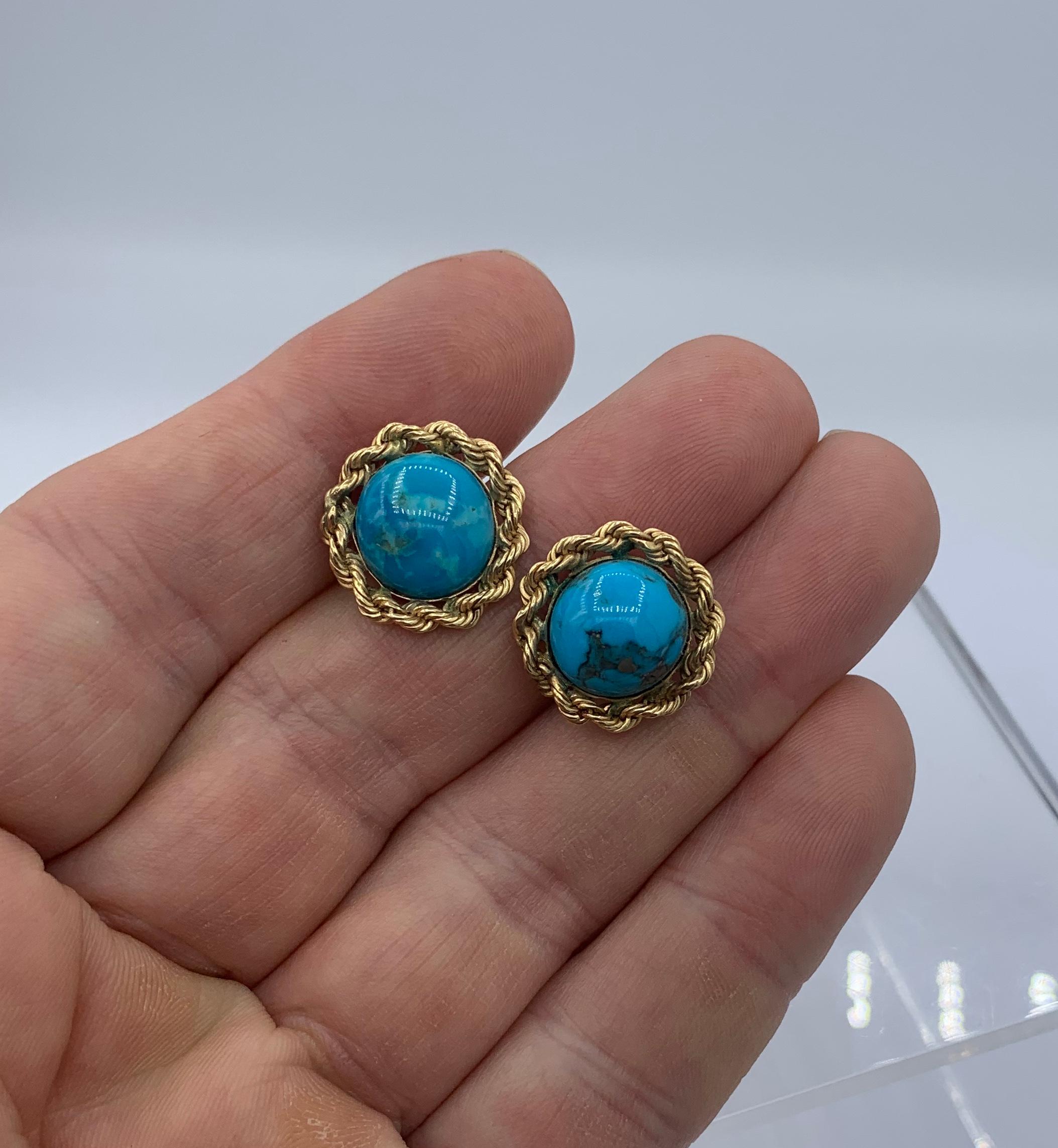 Retro Turquoise Earrings 14 Karat Gold Braided Border Mid-Century For Sale 2