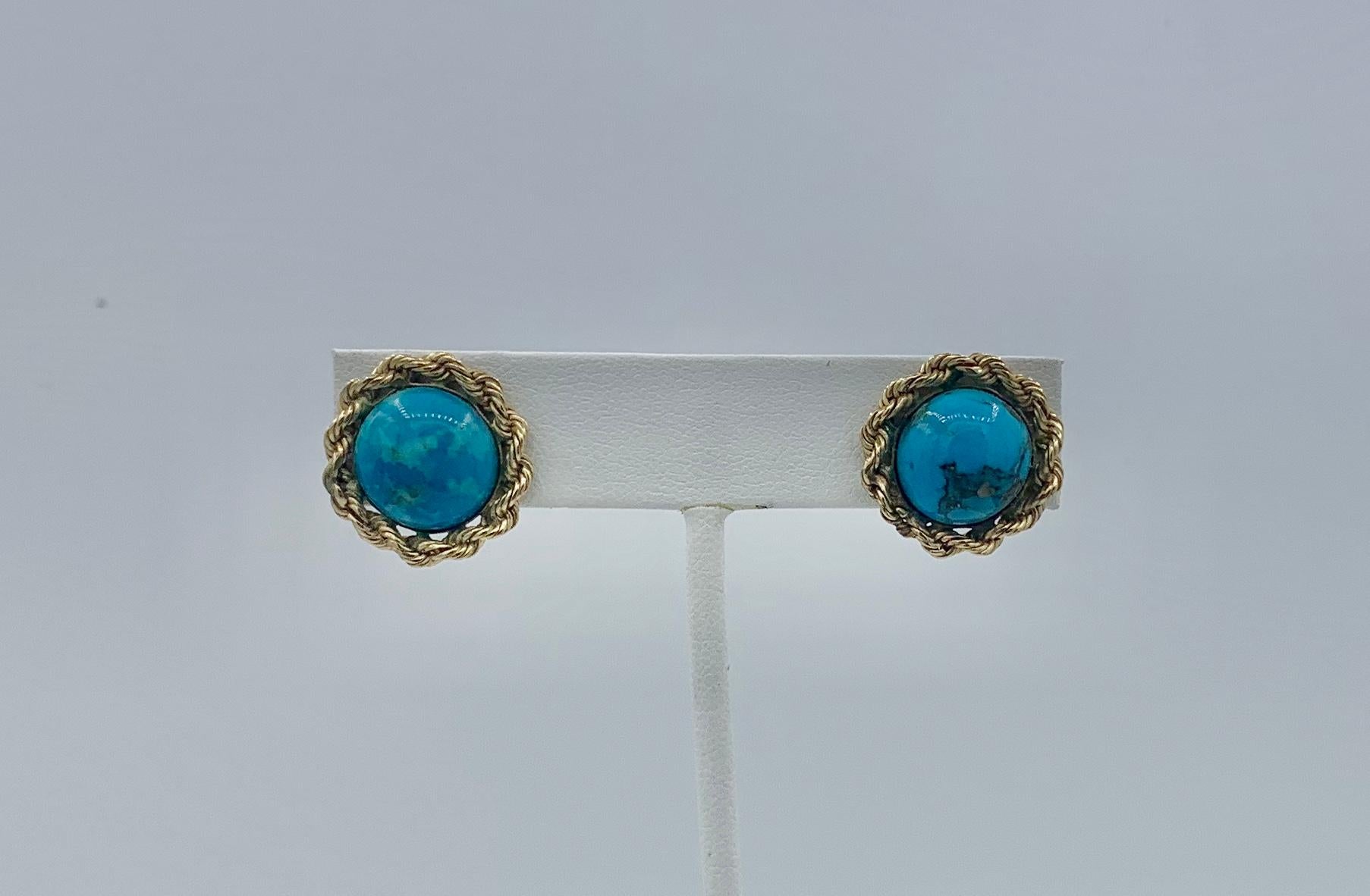 Retro Turquoise Earrings 14 Karat Gold Braided Border Mid-Century For Sale 3