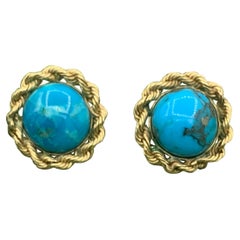 Boucles d'oreilles rétro à bordure tressée en or 14 carats et turquoise, milieu du siècle dernier