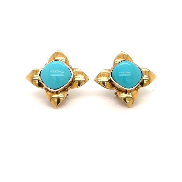 Cabochon Retro Turquoise Gold Flower Earrings For Sale
