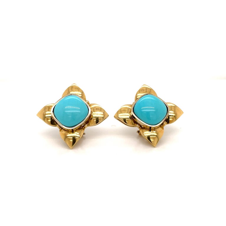 Retro Turquoise Gold Flower Earrings In Excellent Condition For Sale In Napoli, Italy
