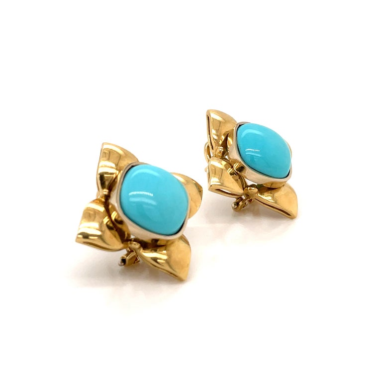 Women's Retro Turquoise Gold Flower Earrings For Sale