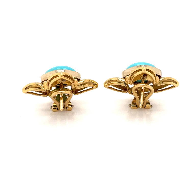 Retro Turquoise Gold Flower Earrings For Sale 2