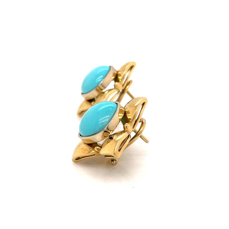 Retro Turquoise Gold Flower Earrings For Sale 3