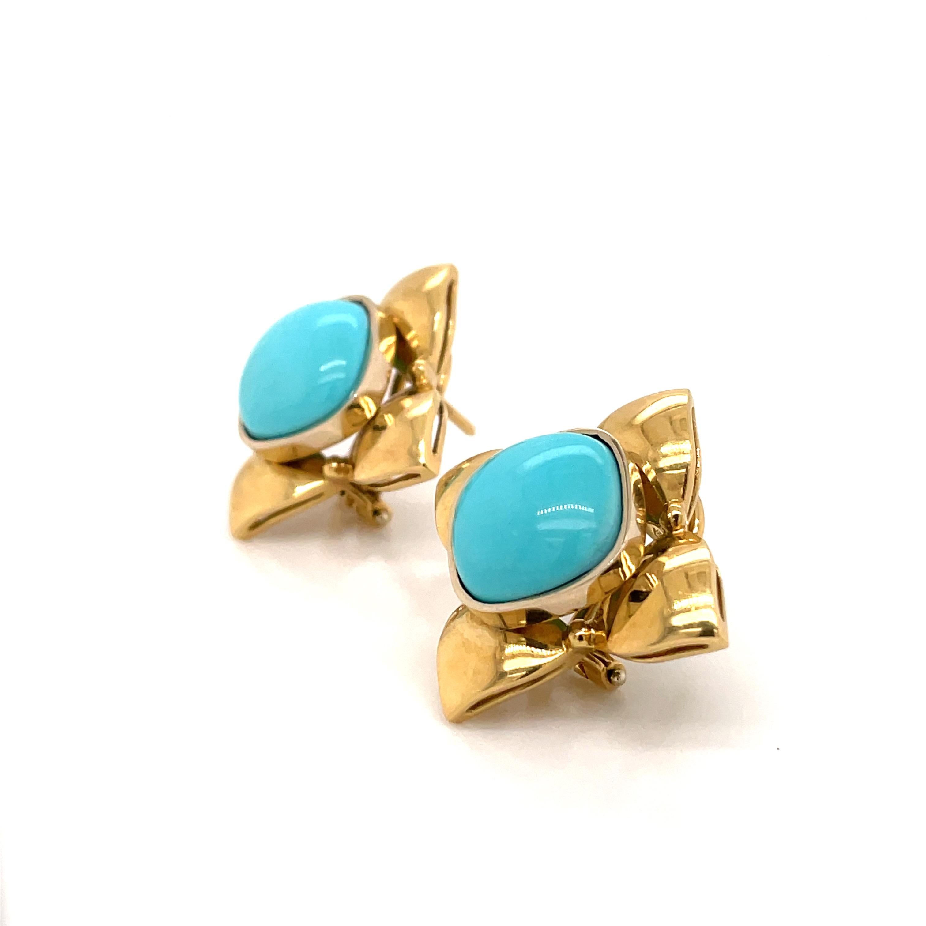 Retro Turquoise Gold Flower Earrings For Sale 4