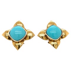 Retro Turquoise Gold Flower Earrings