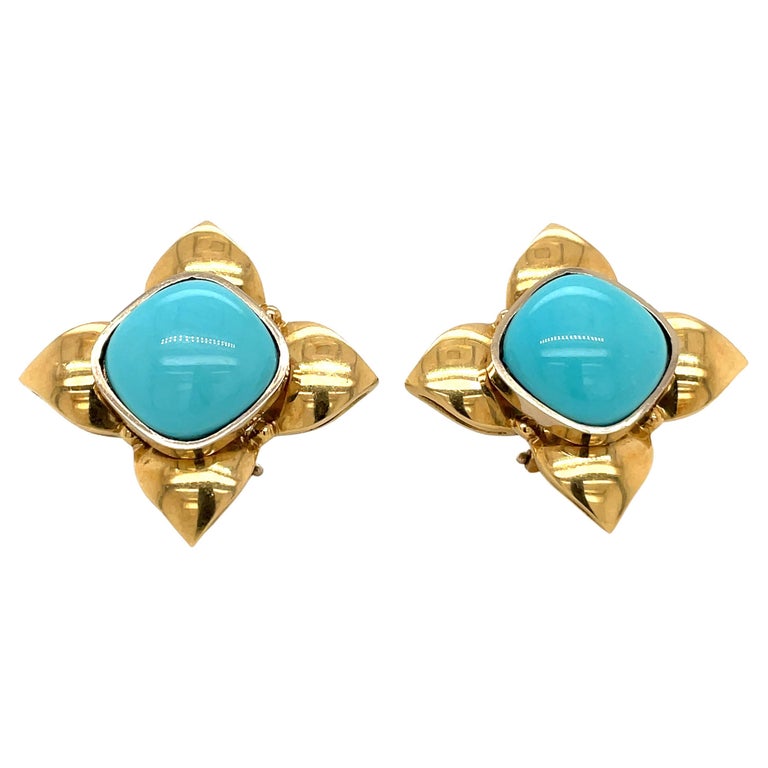 Retro Turquoise Gold Flower Earrings For Sale