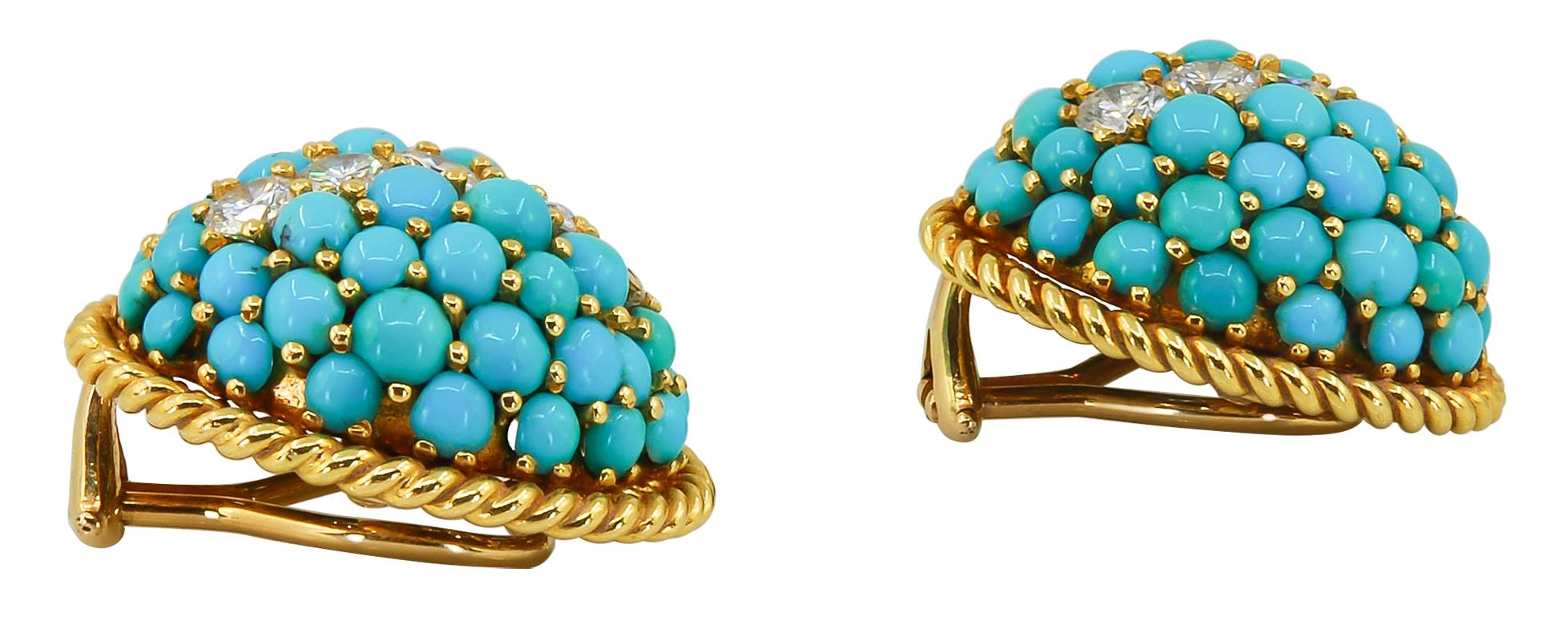 Retro-Style Turquoise Striped Dome Earrings in 18k Yellow Gold.

Turquoise cabochons create a 'petit point' style within these domed bombé earrings, accented by a stripe of round brilliant diamonds at their peak. The look is completed with a halo of
