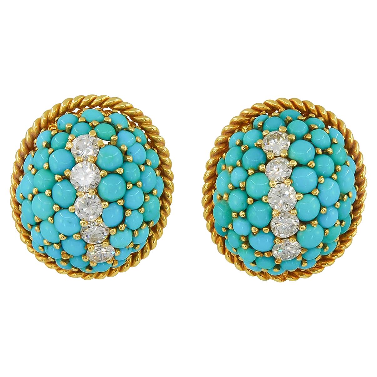 Turquoise Yellow Gold Retro Style Striped Dome Earrings For Sale