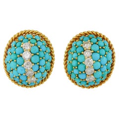 Boucles d'oreilles dôme rayées en or jaune et turquoise de style rétro