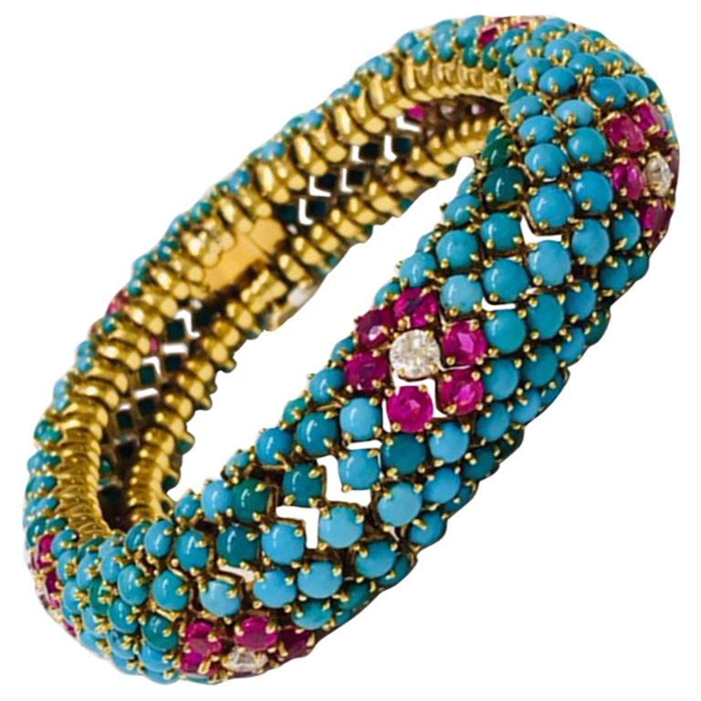 Retro Turquoise Ruby and Diamond Bracelet For Sale